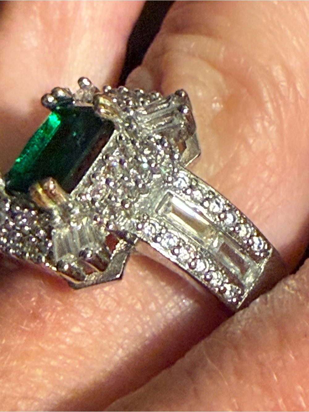 Emerald-Cut Green Center Stone Halo Ring with Pavé Accents